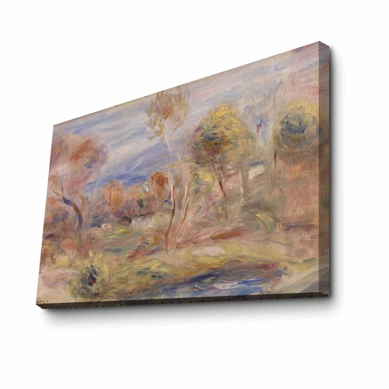 Lerretsbilde 70x100 cm - Idyllisk landskapsmaleri med trær og en speilblank innsjø i forgrunnen - Lys grønn / Beige / Lys blå - Interiør - Maleri & posters - Lerretsbilder