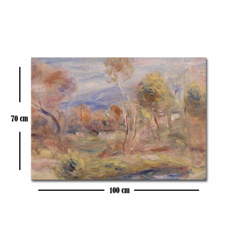 Lerretsbilde 70x100 cm - Idyllisk landskapsmaleri med trær og en speilblank innsjø i forgrunnen - Lys grønn / Beige / Lys blå - Interiør - Maleri & posters - Lerretsbilder