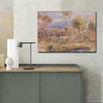 Lerretsbilde 70x100 cm - Idyllisk landskapsmaleri med trær og en speilblank innsjø i forgrunnen - Lys grønn / Beige / Lys blå - Interiør - Maleri & posters - Lerretsbilder