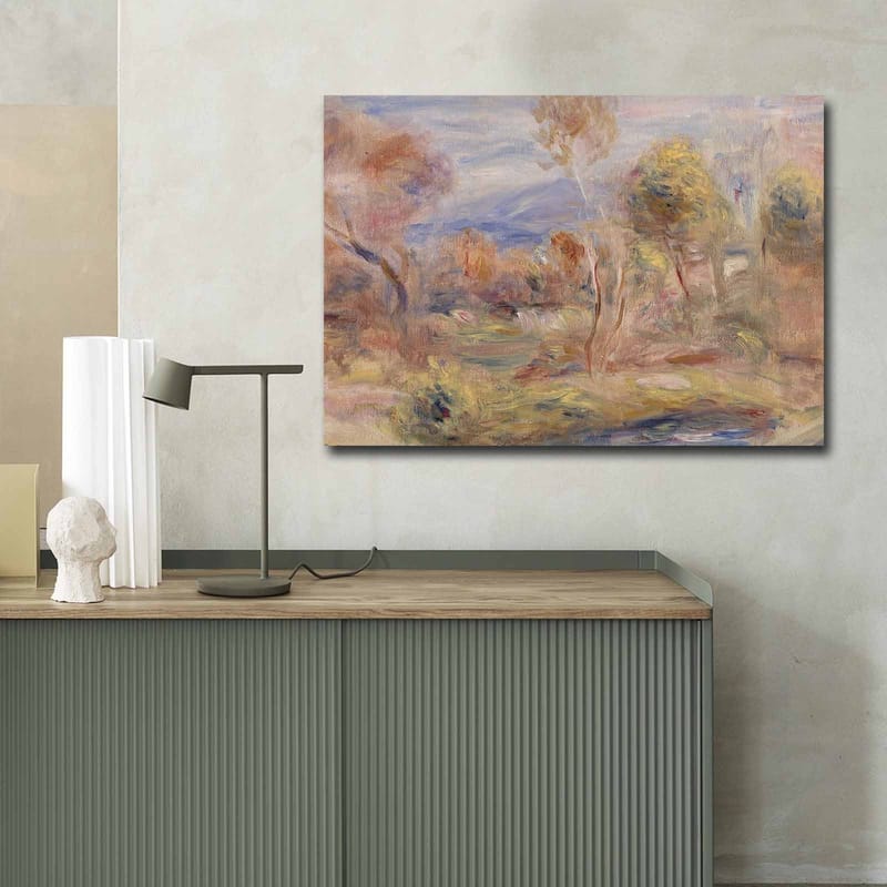 Lerretsbilde 70x100 cm - Idyllisk landskapsmaleri med trær og en speilblank innsjø i forgrunnen - Lys grønn / Beige / Lys blå - Interiør - Maleri & posters - Lerretsbilder