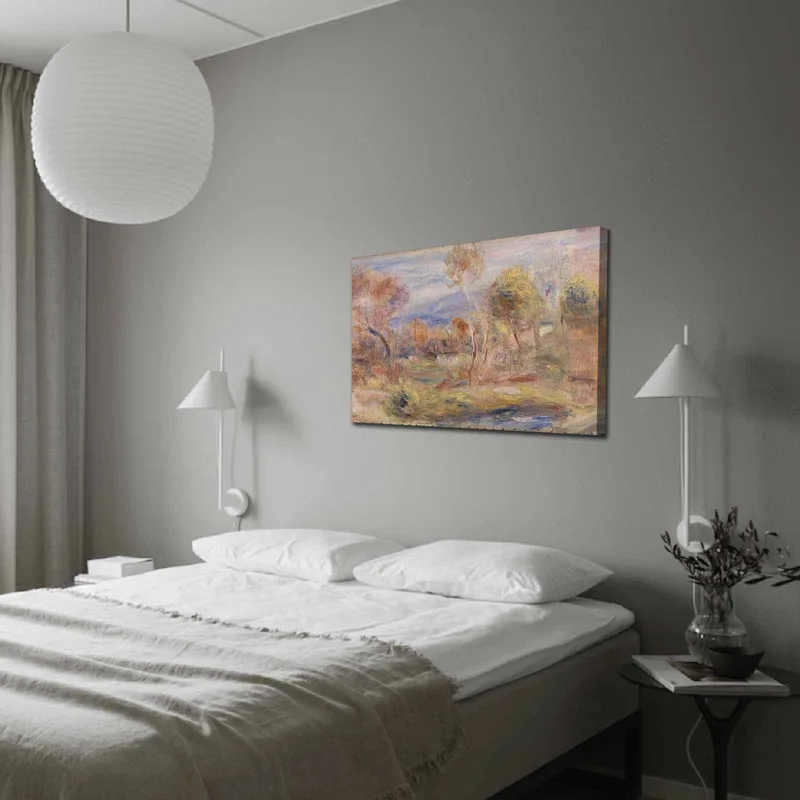 Lerretsbilde 70x100 cm - Idyllisk landskapsmaleri med trær og en speilblank innsjø i forgrunnen, Lys grønn / Beige / Lys blå