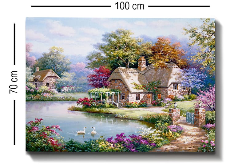 Lerretsbilde 70x100 cm - Idyllisk landskapsmaleri med pittoreske hytter ved en innsjø omgitt av blomstrende trær og busker - Grønn / Rosa / Blå - Interiør - Maleri & posters - Lerretsbilder