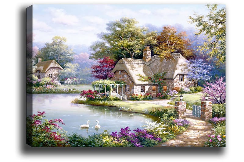 Lerretsbilde 70x100 cm - Idyllisk landskapsmaleri med pittoreske hytter ved en innsjø omgitt av blomstrende trær og busker - Grønn / Rosa / Blå - Interiør - Maleri & posters - Lerretsbilder