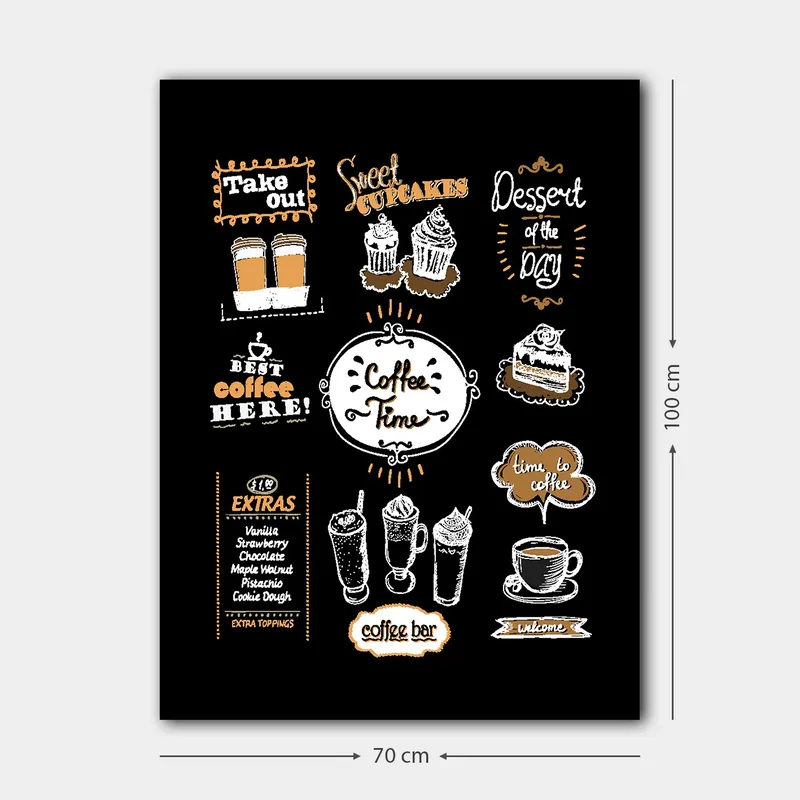 Lerretsbilde 70x100 cm - Innbydende kaffetema-bilde som fremhever ulike kaffedrikker og bakverk - Hvit / Oransje / Svart - Interiør - Maleri & posters - Lerretsbilder