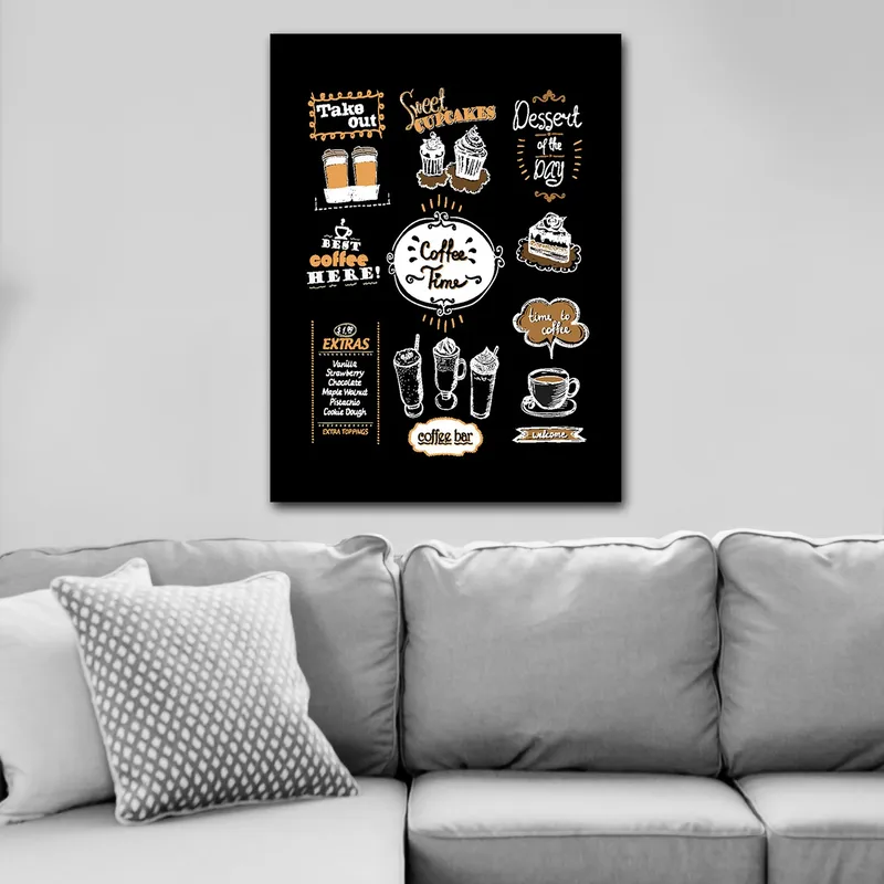 Lerretsbilde 70x100 cm - Innbydende kaffetema-bilde som fremhever ulike kaffedrikker og bakverk - Hvit / Oransje / Svart - Interiør - Maleri & posters - Lerretsbilder