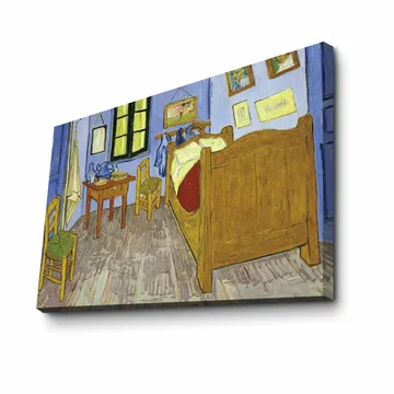 Lerretsbilde 70x100 cm - Innbydende og fargerik skildring av et rom med seng, stoler og bord - Blå / Gul / Brun - Interiør - Maleri & posters - Lerretsbilder