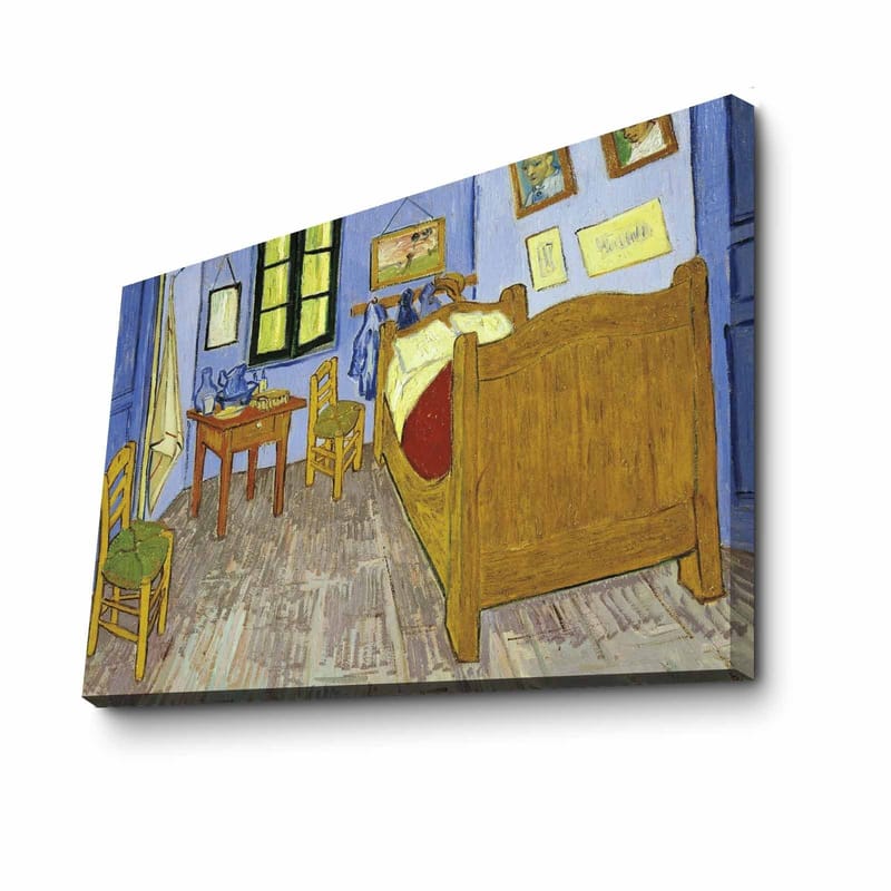 Lerretsbilde 70x100 cm - Innbydende og fargerik skildring av et rom med seng, stoler og bord - Blå / Gul / Brun - Interiør - Maleri & posters - Lerretsbilder