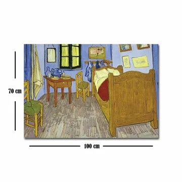 Lerretsbilde 70x100 cm - Innbydende og fargerik skildring av et rom med seng, stoler og bord - Blå / Gul / Brun - Interiør - Maleri & posters - Lerretsbilder