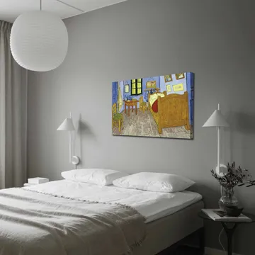 Lerretsbilde 70x100 cm - Innbydende og fargerik skildring av et rom med seng, stoler og bord - Blå / Gul / Brun - Interiør - Maleri & posters - Lerretsbilder