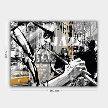 Lerretsbilde 70x100 cm - Jazzmusiker som spiller trompet i et pulserende bybilde i New York - Svart / Grå / Gul - Interiør - Maleri & posters - Lerretsbilder