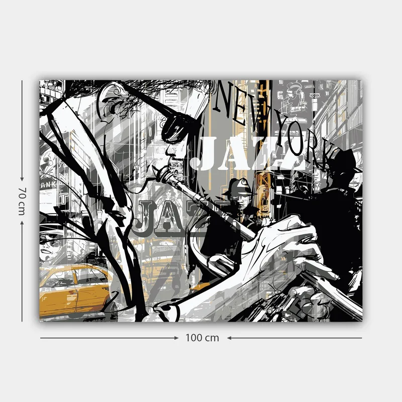 Lerretsbilde 70x100 cm - Jazzmusiker som spiller trompet i et pulserende bybilde i New York - Svart / Grå / Gul - Interiør - Maleri & posters - Lerretsbilder