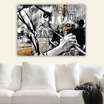 Lerretsbilde 70x100 cm - Jazzmusiker som spiller trompet i et pulserende bybilde i New York - Svart / Grå / Gul - Interiør - Maleri & posters - Lerretsbilder