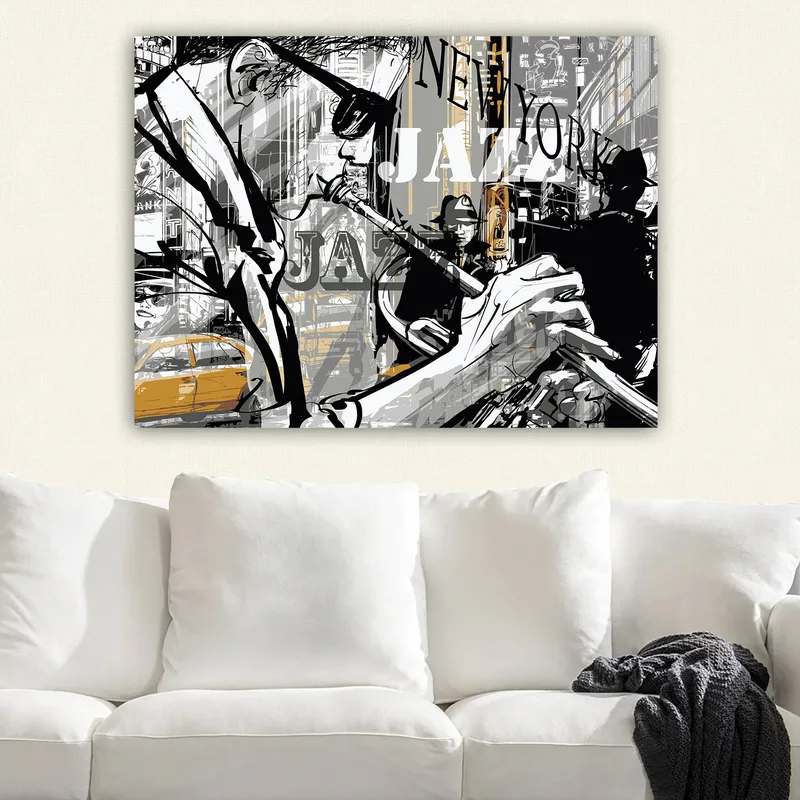 Lerretsbilde 70x100 cm - Jazzmusiker som spiller trompet i et pulserende bybilde i New York - Svart / Grå / Gul - Interiør - Maleri & posters - Lerretsbilder