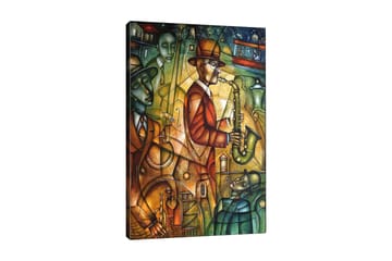 Lerretsbilde 70x100 cm - Jazzmusiker spiller saksofon omgitt av andre musikere i en livlig atmosfære - Grønn / Oransje / Brun - Interiør - Maleri & posters - Lerretsbilder