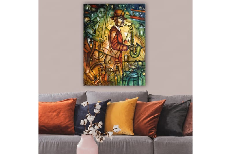 Lerretsbilde 70x100 cm - Jazzmusiker spiller saksofon omgitt av andre musikere i en livlig atmosfære - Grønn / Oransje / Brun - Interiør - Maleri & posters - Lerretsbilder