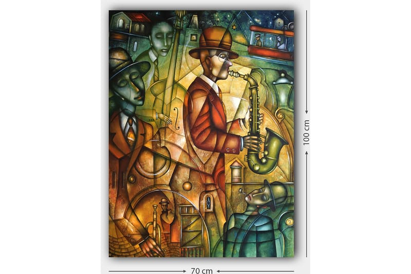 Lerretsbilde 70x100 cm - Jazzmusiker spiller saksofon omgitt av andre musikere i en livlig atmosfære - Grønn / Oransje / Brun - Interiør - Maleri & posters - Lerretsbilder