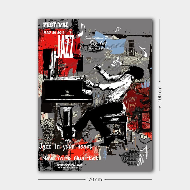 Lerretsbilde 70x100 cm - Jazzmusiker spiller piano med stor lidenskap og energi - Rød / Svart / Grå - Interiør - Maleri & posters - Lerretsbilder