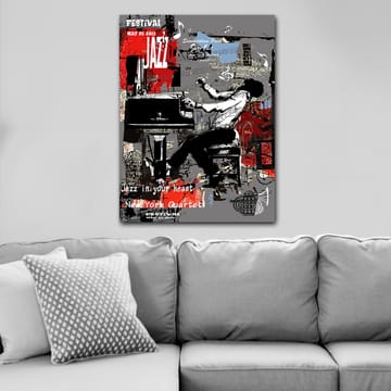 Lerretsbilde 70x100 cm - Jazzmusiker spiller piano med stor lidenskap og energi - Rød / Svart / Grå - Interiør - Maleri & posters - Lerretsbilder