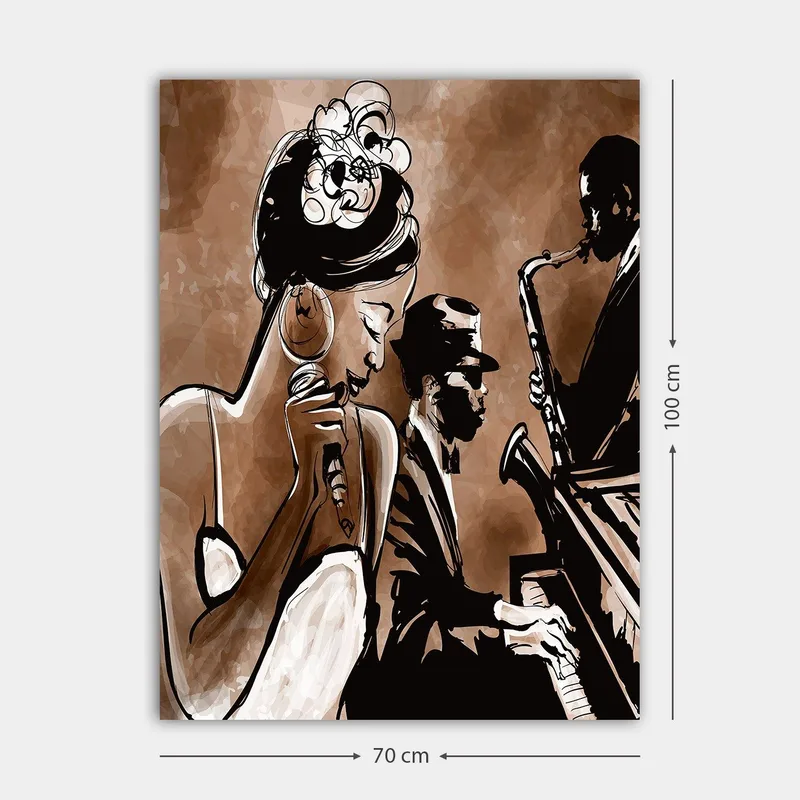 Lerretsbilde 70x100 cm - Jazzsanger fremfører en sang med musikere i bakgrunnen - Brun / Svart / Hvit - Interiør - Maleri & posters - Lerretsbilder