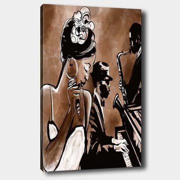 Lerretsbilde 70x100 cm - Jazzsanger fremfører en sang med musikere i bakgrunnen - Brun / Svart / Hvit - Interiør - Maleri & posters - Lerretsbilder