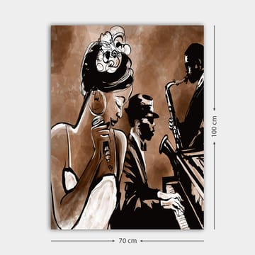 Lerretsbilde 70x100 cm - Jazzsanger fremfører en sang med musikere i bakgrunnen - Brun / Svart / Hvit - Interiør - Maleri & posters - Lerretsbilder