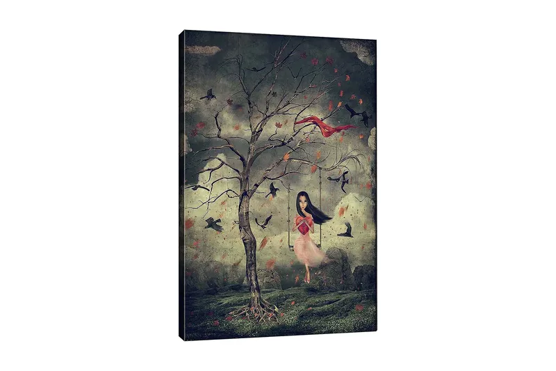 Lerretsbilde 70x100 cm - Jente i rosa kjole svinger seg fra et tre i drømmeaktige omgivelser med fugler som svever rundt henne, Mørkegrønn / Rød / Rosa