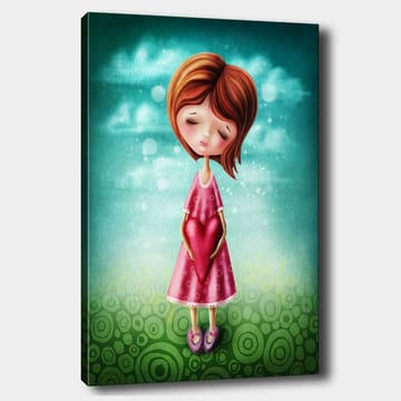 Lerretsbilde 70x100 cm - Jente som holder et stort rødt hjerte foran seg, iført en rosa kjole - Rosa / Rød / Grønn - Interiør - Maleri & posters - Lerretsbilder