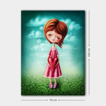 Lerretsbilde 70x100 cm - Jente som holder et stort rødt hjerte foran seg, iført en rosa kjole - Rosa / Rød / Grønn - Interiør - Maleri & posters - Lerretsbilder