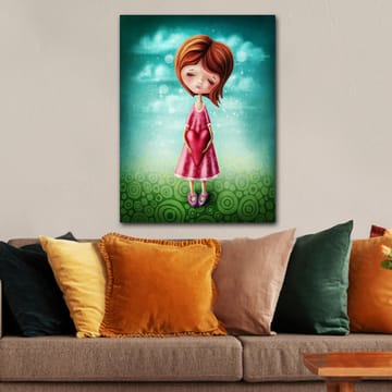 Lerretsbilde 70x100 cm - Jente som holder et stort rødt hjerte foran seg, iført en rosa kjole - Rosa / Rød / Grønn - Interiør - Maleri & posters - Lerretsbilder