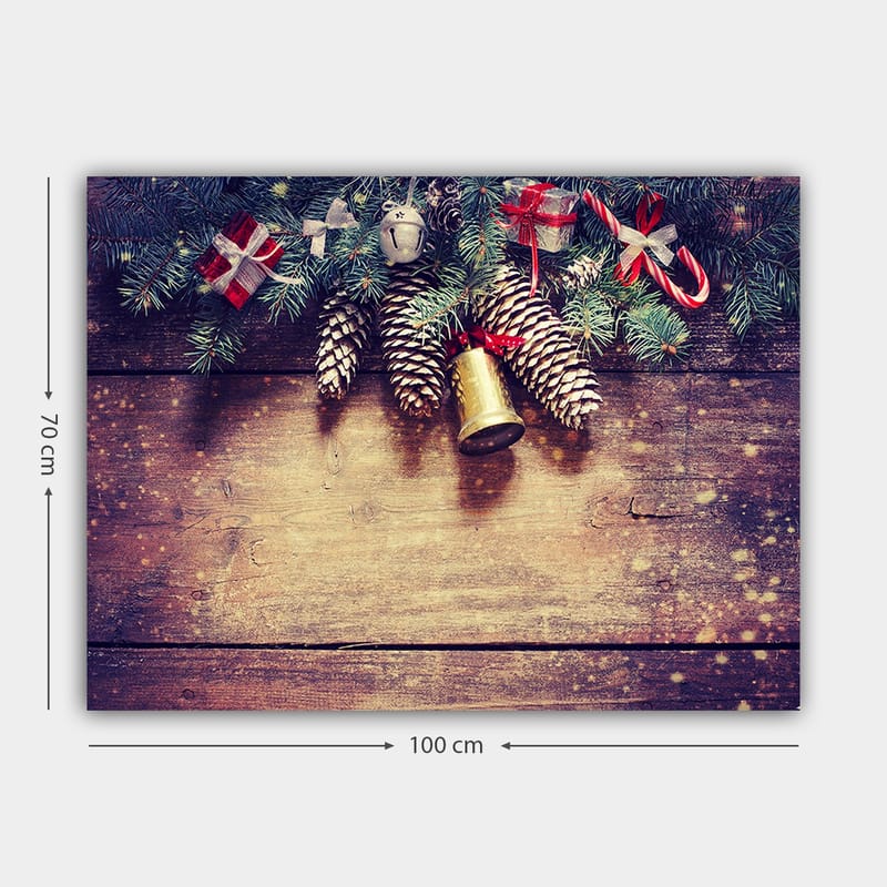 Lerretsbilde 70x100 cm - Juledekorasjon med grangrener, kongler og gaver - Grønn / Brun / Rød - Interiør - Maleri & posters - Lerretsbilder