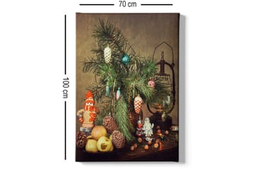 Lerretsbilde 70x100 cm - Juledekorasjon med grantre, dekorasjoner og frukt - Grønn / Rød / Beige - Interiør - Maleri & posters - Lerretsbilder