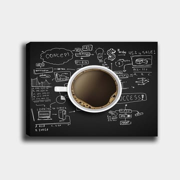 Lerretsbilde 70x100 cm - Kaffekopp med svart kaffe omgitt av håndskrevne notater og diagrammer som symboliserer forretningsstrategi og kreativitet - Svart / Brun / Hvit - Interiør - Maleri & posters - Lerretsbilder