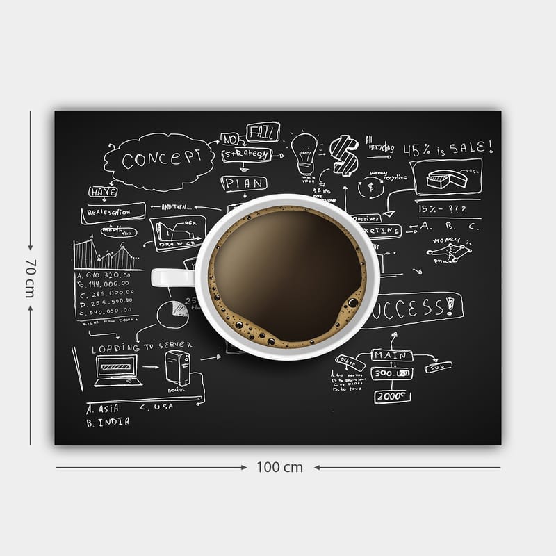 Lerretsbilde 70x100 cm - Kaffekopp med svart kaffe omgitt av håndskrevne notater og diagrammer som symboliserer forretningsstrategi og kreativitet - Svart / Brun / Hvit - Interiør - Maleri & posters - Lerretsbilder