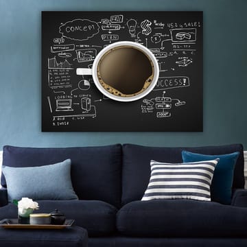 Lerretsbilde 70x100 cm - Kaffekopp med svart kaffe omgitt av håndskrevne notater og diagrammer som symboliserer forretningsstrategi og kreativitet - Svart / Brun / Hvit - Interiør - Maleri & posters - Lerretsbilder