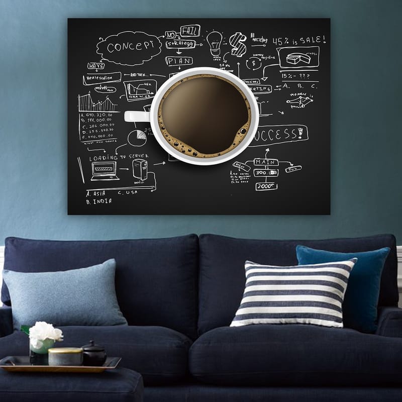 Lerretsbilde 70x100 cm - Kaffekopp med svart kaffe omgitt av håndskrevne notater og diagrammer som symboliserer forretningsstrategi og kreativitet - Svart / Brun / Hvit - Interiør - Maleri & posters - Lerretsbilder