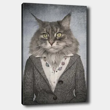 Lerretsbilde 70x100 cm - Katt med menneskelige trekk iført grå jakke og hvit skjorte - Grå / Hvit / Beige - Interiør - Maleri & posters - Lerretsbilder