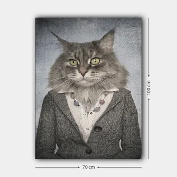Lerretsbilde 70x100 cm - Katt med menneskelige trekk iført grå jakke og hvit skjorte - Grå / Hvit / Beige - Interiør - Maleri & posters - Lerretsbilder