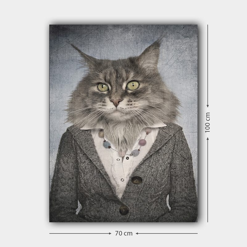 Lerretsbilde 70x100 cm - Katt med menneskelige trekk iført grå jakke og hvit skjorte - Grå / Hvit / Beige - Interiør - Maleri & posters - Lerretsbilder