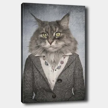 Lerretsbilde 70x100 cm - Katt med menneskelige trekk iført grå jakke og hvit skjorte - Grå / Hvit / Beige - Interiør - Maleri & posters - Lerretsbilder