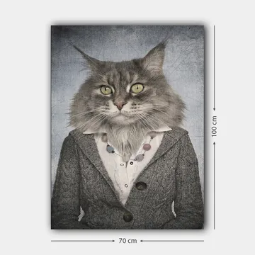Lerretsbilde 70x100 cm - Katt med menneskelige trekk iført grå jakke og hvit skjorte - Grå / Hvit / Beige - Interiør - Maleri & posters - Lerretsbilder