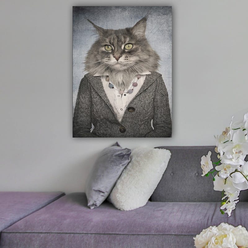 Lerretsbilde 70x100 cm - Katt med menneskelige trekk iført grå jakke og hvit skjorte - Grå / Hvit / Beige - Interiør - Maleri & posters - Lerretsbilder