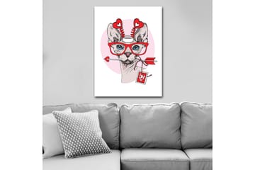 Lerretsbilde 70x100 cm - Katt med store briller og hjerteformede detaljer, holder en pil i munnen - Rød / Rosa / Grå - Interiør - Maleri & posters - Lerretsbilder