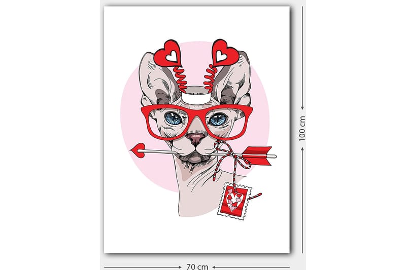 Lerretsbilde 70x100 cm - Katt med store briller og hjerteformede detaljer, holder en pil i munnen - Rød / Rosa / Grå - Interiør - Maleri & posters - Lerretsbilder