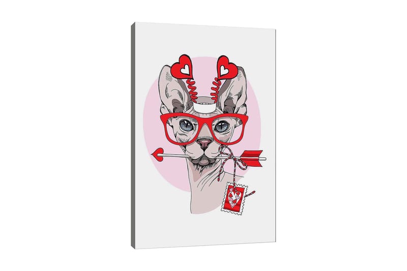 Lerretsbilde 70x100 cm - Katt med store briller og hjerteformede detaljer, holder en pil i munnen, Rød / Rosa / Grå
