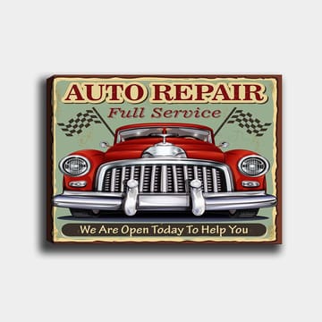 Lerretsbilde 70x100 cm - Klassisk rød bil med kromgrill og racingflagg i bakgrunnen - Rød / Krom (sølv) / Grønn - Interiør - Maleri & posters - Lerretsbilder