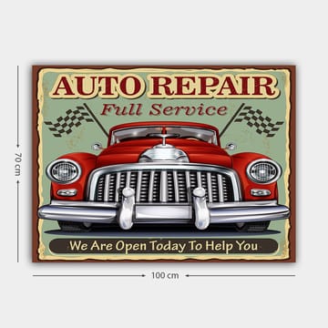 Lerretsbilde 70x100 cm - Klassisk rød bil med kromgrill og racingflagg i bakgrunnen - Rød / Krom (sølv) / Grønn - Interiør - Maleri & posters - Lerretsbilder