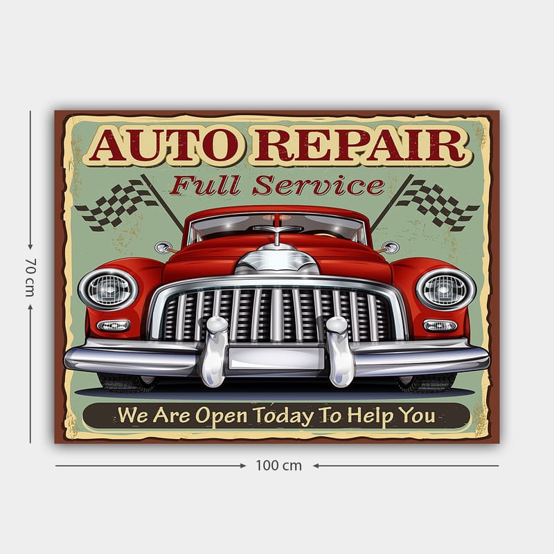 Lerretsbilde 70x100 cm - Klassisk rød bil med kromgrill og racingflagg i bakgrunnen - Rød / Krom (sølv) / Grønn - Interiør - Maleri & posters - Lerretsbilder