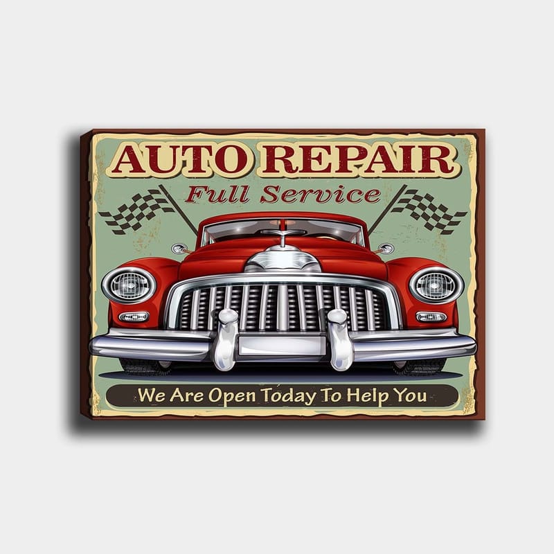 Lerretsbilde 70x100 cm - Klassisk rød bil med kromgrill og racingflagg i bakgrunnen, Rød / Krom (sølv) / Grønn