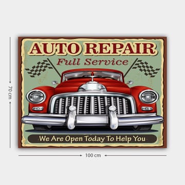 Lerretsbilde 70x100 cm - Klassisk rød bil med kromgrill og racingflagg i bakgrunnen - Rød / Krom (sølv) / Grønn - Interiør - Maleri & posters - Lerretsbilder