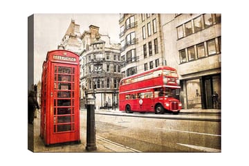 Lerretsbilde 70x100 cm - Klassisk rød telefonkiosk og en rød dobbeltdekkerbuss på en bygate - Rød / Grå - Interiør - Maleri & posters - Lerretsbilder
